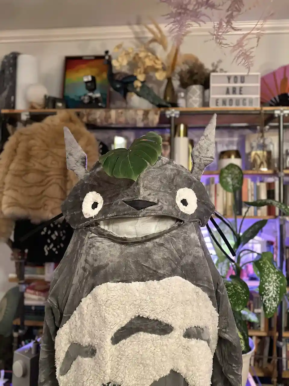 A person is wearing a grey, plush Totoro costume with large white eyes and a leaf on its head, standing in a room with…