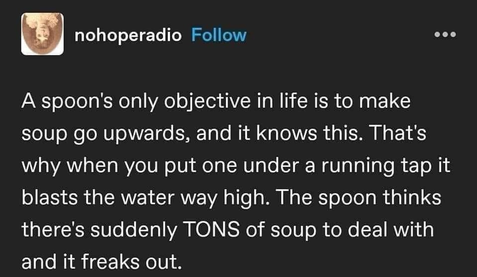 The image shows a screenshot of a social media post with white text on a dark background. The text humorously explains that…