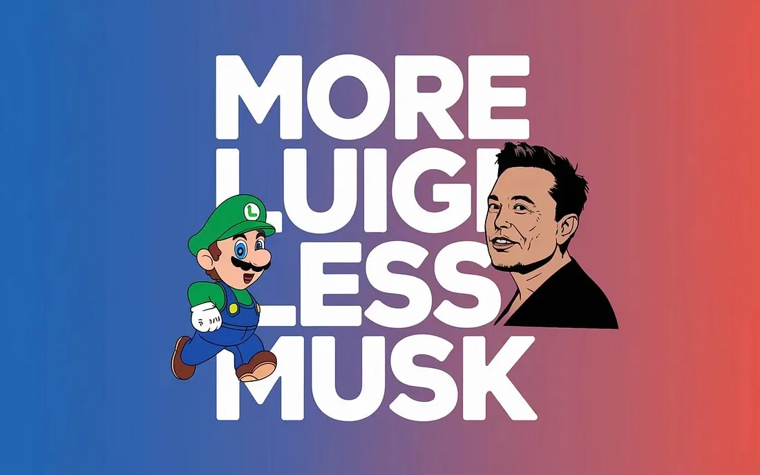 The image features a gradient background transitioning from blue to red. On the left, the video game character Luigi is…