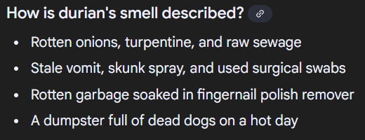 A dark-themed listicle image with white text on a black background humorously describes durian's smell using increasingly…