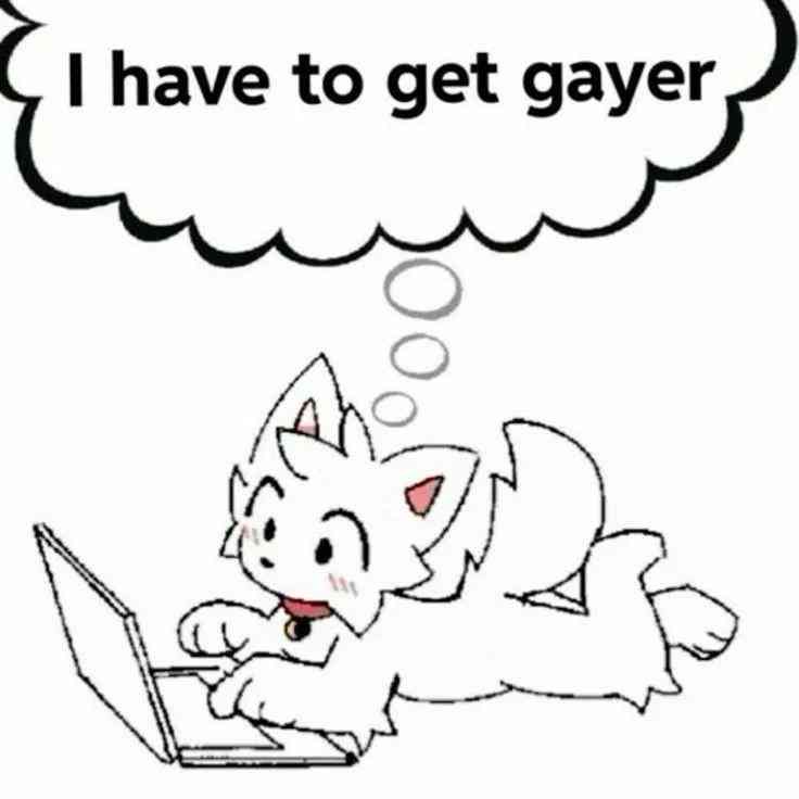 A black-and-white cartoon drawing shows a fluffy white anthropomorphic cat lying on its stomach, using a laptop computer…