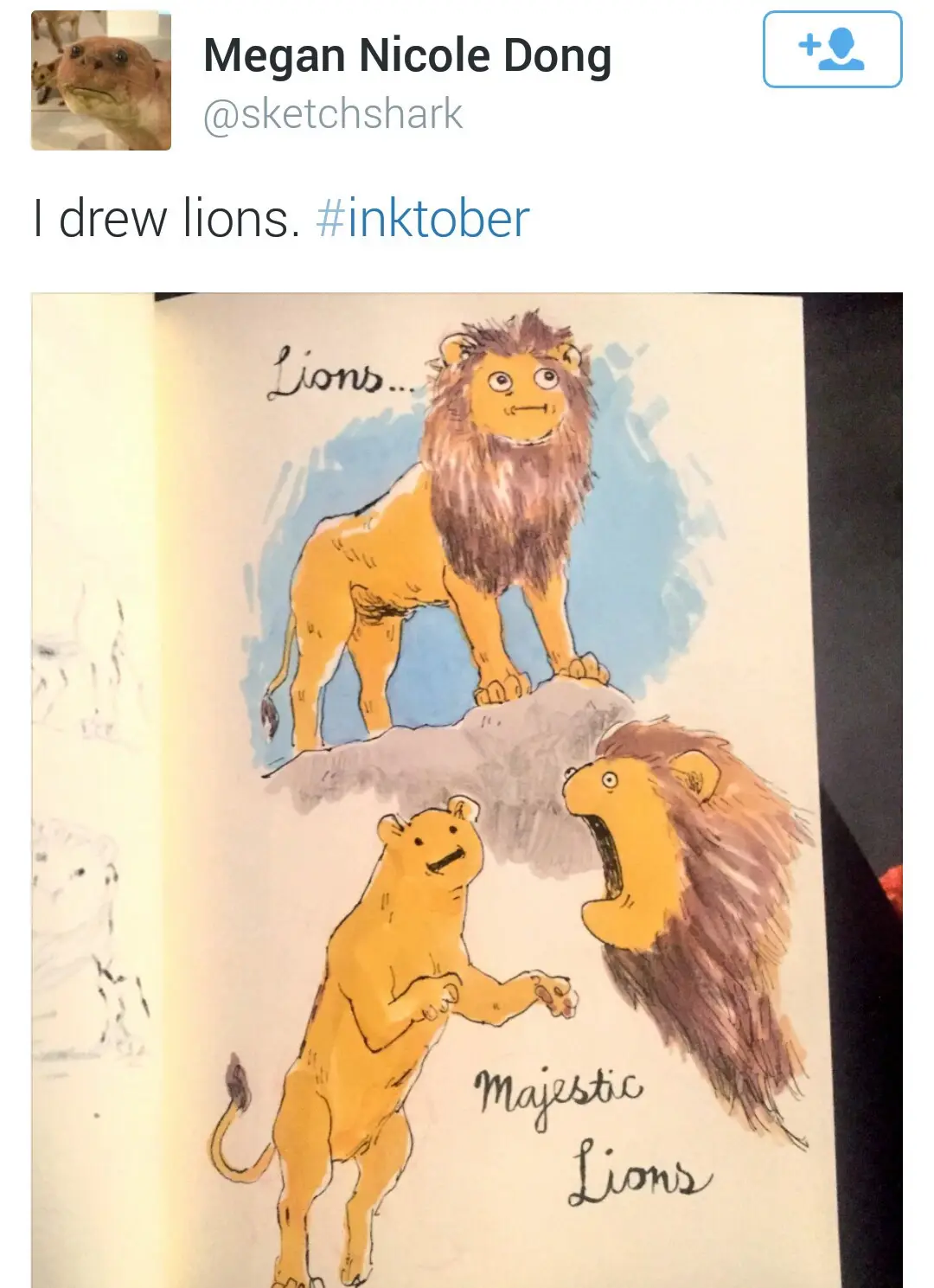 A sketchbook page shows three cartoonish, anthropomorphized lions drawn in watercolor. One lion stands regally atop a rock…