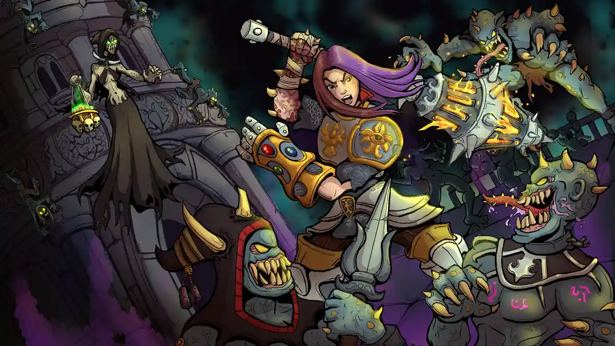 A female warrior with purple hair and ornate armor wields a flaming hammer while surrounded by grotesque, demonic creatures…