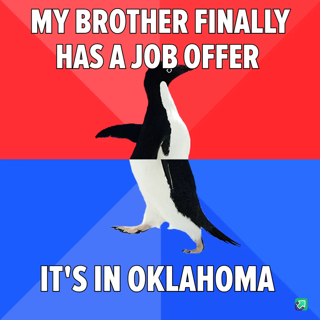 A penguin stands centered against a red and blue background, with bold white text at the top reading 'MY BROTHER FINALLY HAS…