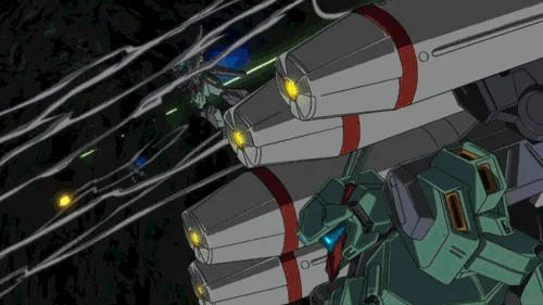 A green anime mecha robot is shown in six panels, initially firing missiles in space, then progressively getting hit and…