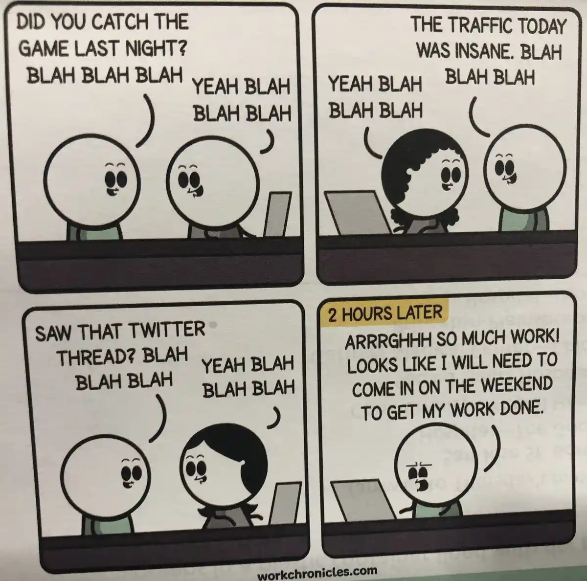 A four-panel comic strip shows two office workers engaging in superficial, repetitive conversations about sports, traffic…