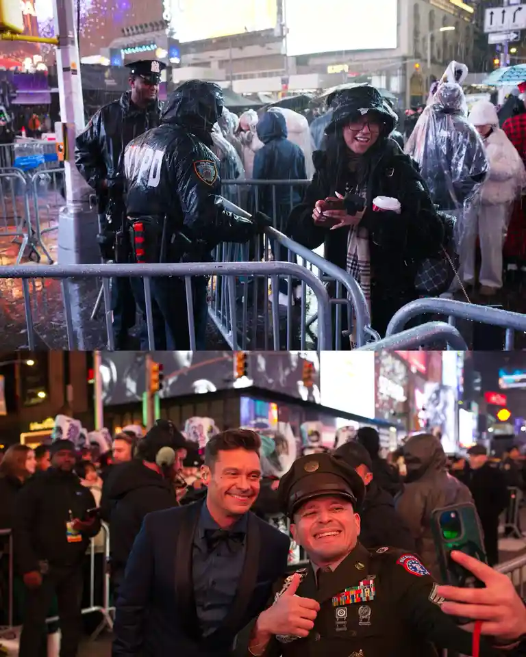 The top panel shows a smiling woman in a rain-soaked city street, holding a phone and coffee, standing near NYPD officers in…