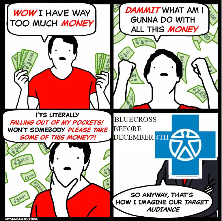 A four-panel comic shows a man initially thrilled by piles of $100 bills, then panicking as money falls from his pockets…