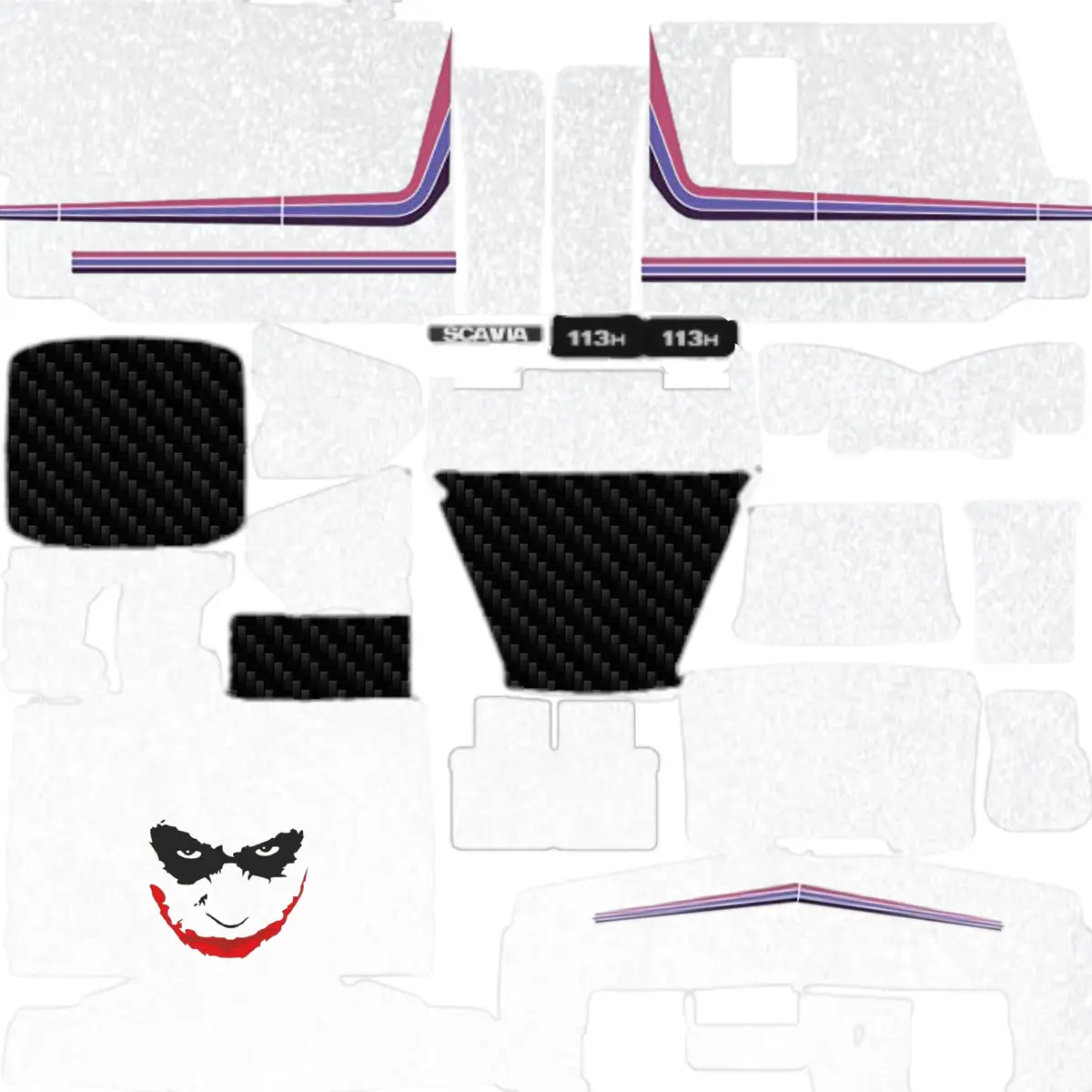 The image displays a flat lay of white car body panels and trim pieces, including carbon fiber accents and purple/magenta…