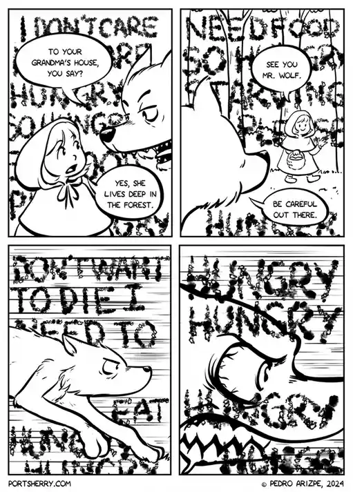 A four-panel comic strip reimagines Little Red Riding Hood with a wolf who is visibly starving. In the first panel, the wolf…