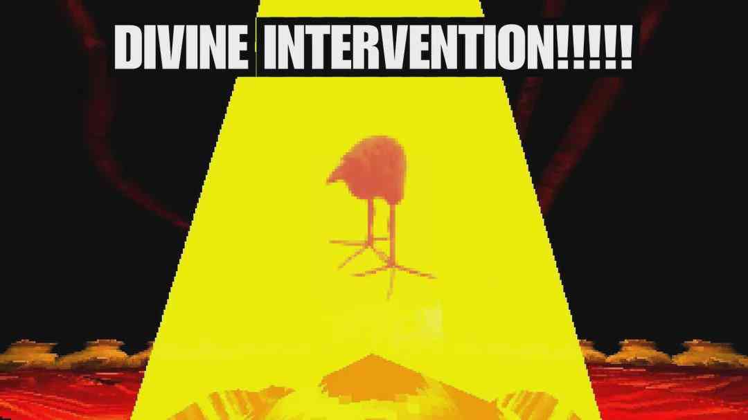A pixelated image shows a small, orange bird-like creature standing in the center of a bright yellow spotlight, surrounded…
