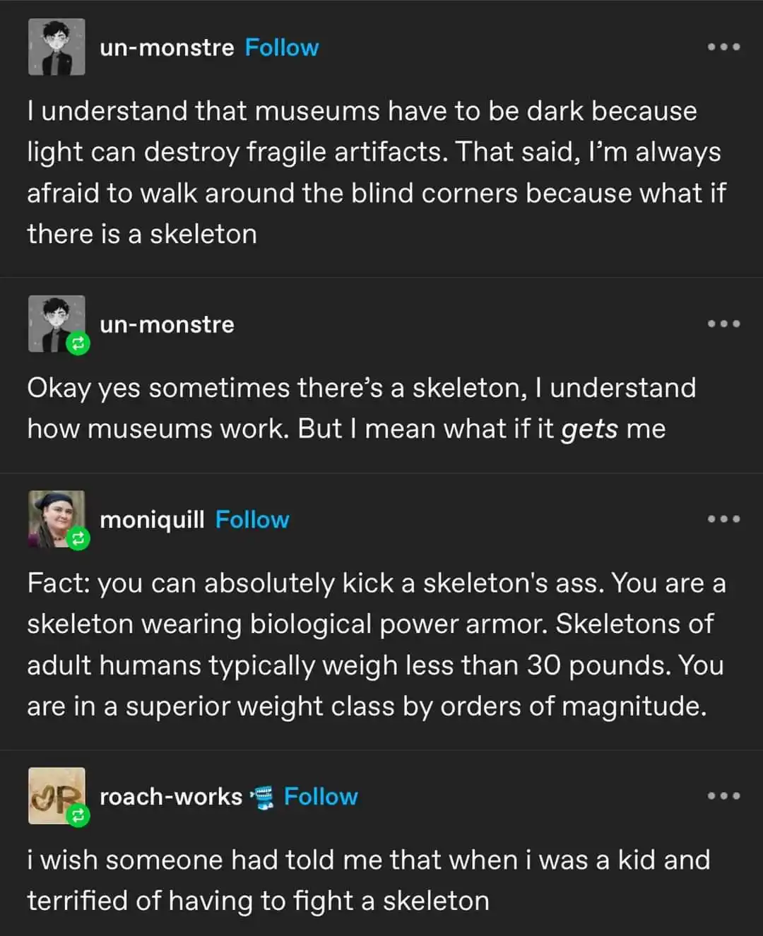 A screenshot of a social media thread shows a user expressing fear of encountering skeletons in dark museums. Another user…