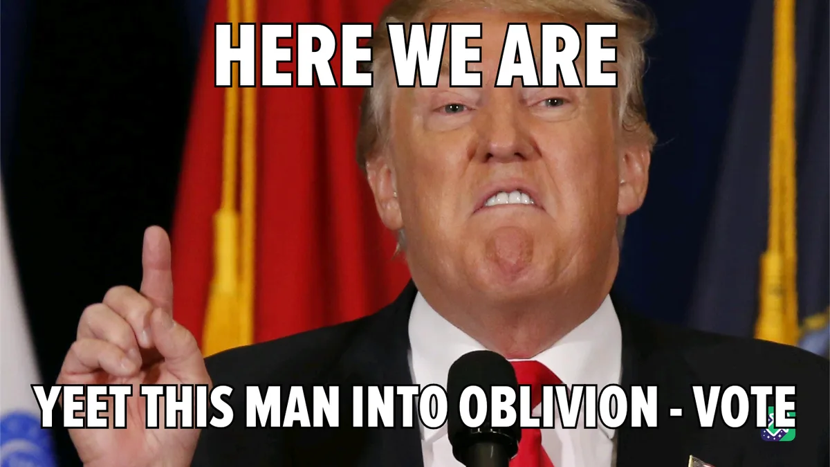A close-up image of Donald Trump pointing upward with a stern expression, standing before flags and a microphone. The…