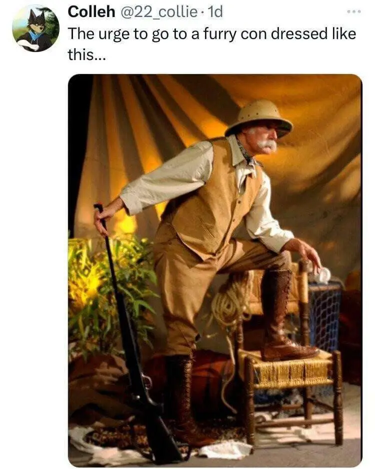 A man in a vintage safari outfit, complete with pith helmet, vest, and tall boots, leans on a rifle while perched on a…