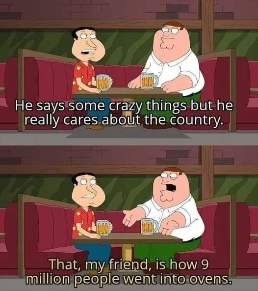 Two men sit at a bar, one in a red shirt and the other in a white shirt, both holding mugs. The top panel has text: 'He says…