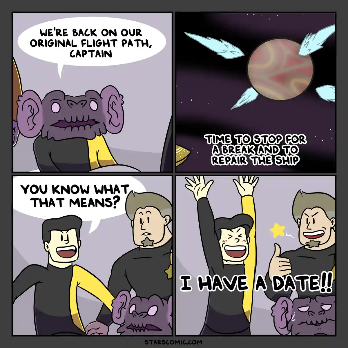 A four-panel comic strip shows a spaceship crew. In the first panel, a purple, elephant-like alien reports they're back on…