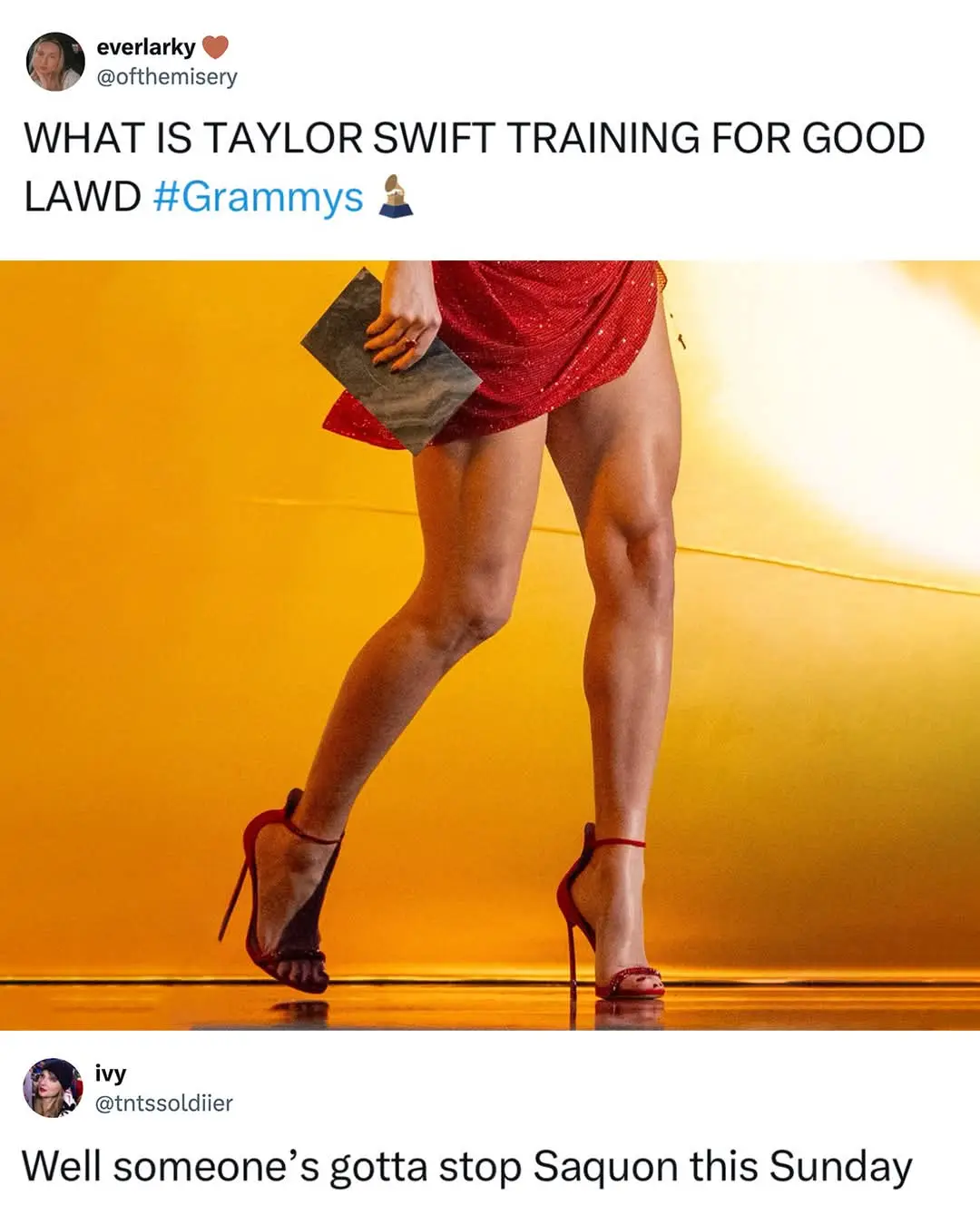 A close-up image of a person's legs in red high heels and a red sparkly skirt, holding a clutch, walking on a stage with a…
