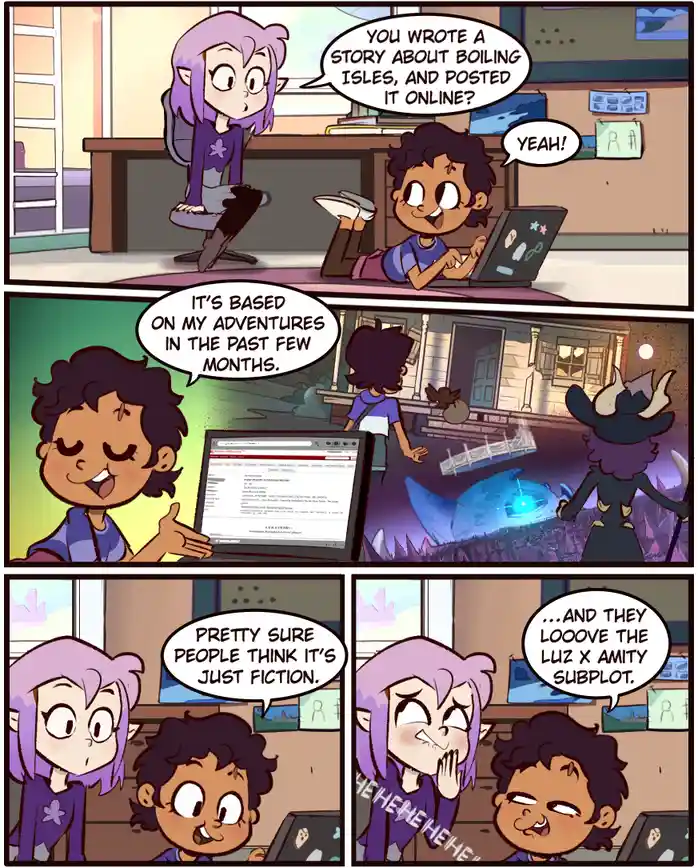A comic strip featuring two animated characters, one with purple hair and one with dark hair, discussing a story the latter…