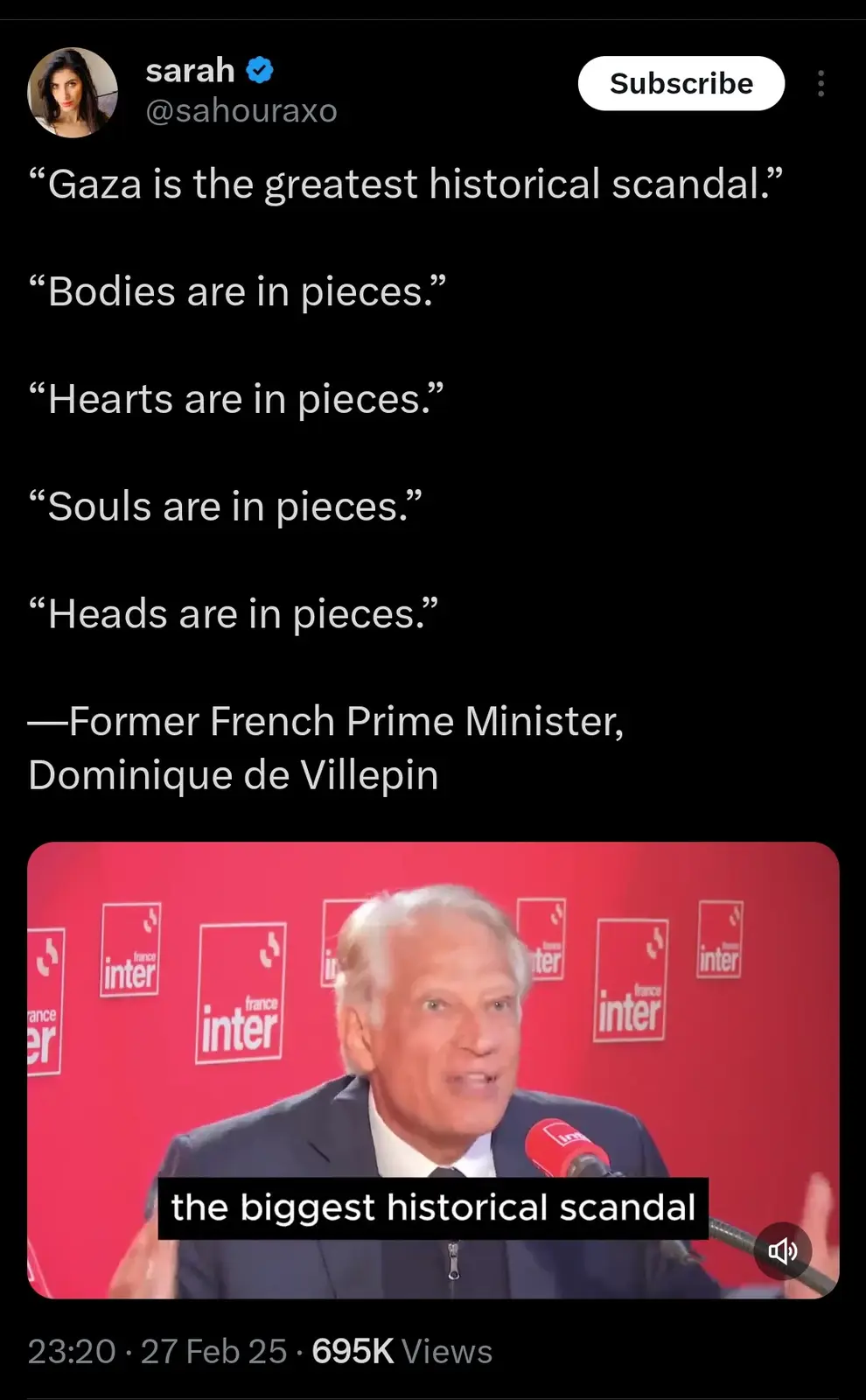 A screenshot of a YouTube video by user 'sarah' shows a man speaking at a microphone in front of a red 'france inter'…