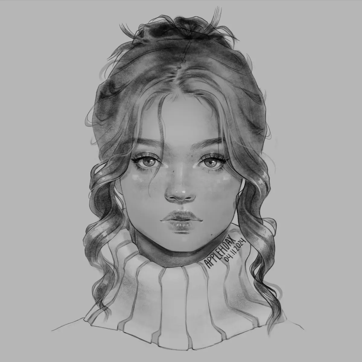 A grayscale pencil sketch of a young woman with wavy hair and a high-collared ruffled shirt, looking directly at the viewer…