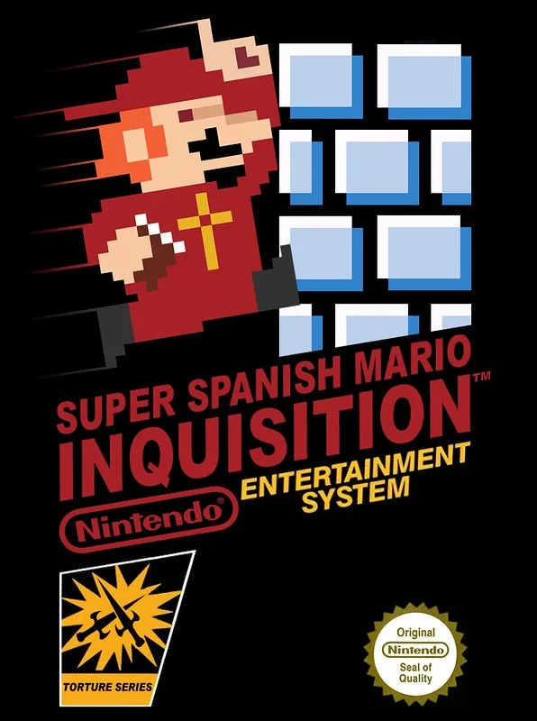 A parody game cover featuring a pixelated Mario in a red robe with a cross, holding a hammer, against a black background…