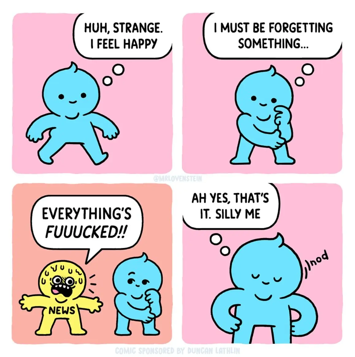 A four-panel comic features a blue cartoon character who initially feels happy, then remembers something, and after being…