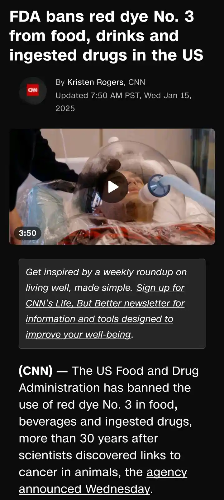 The image shows a screenshot of a CNN news article about the FDA banning red dye No. 3. The article's headline and text are…