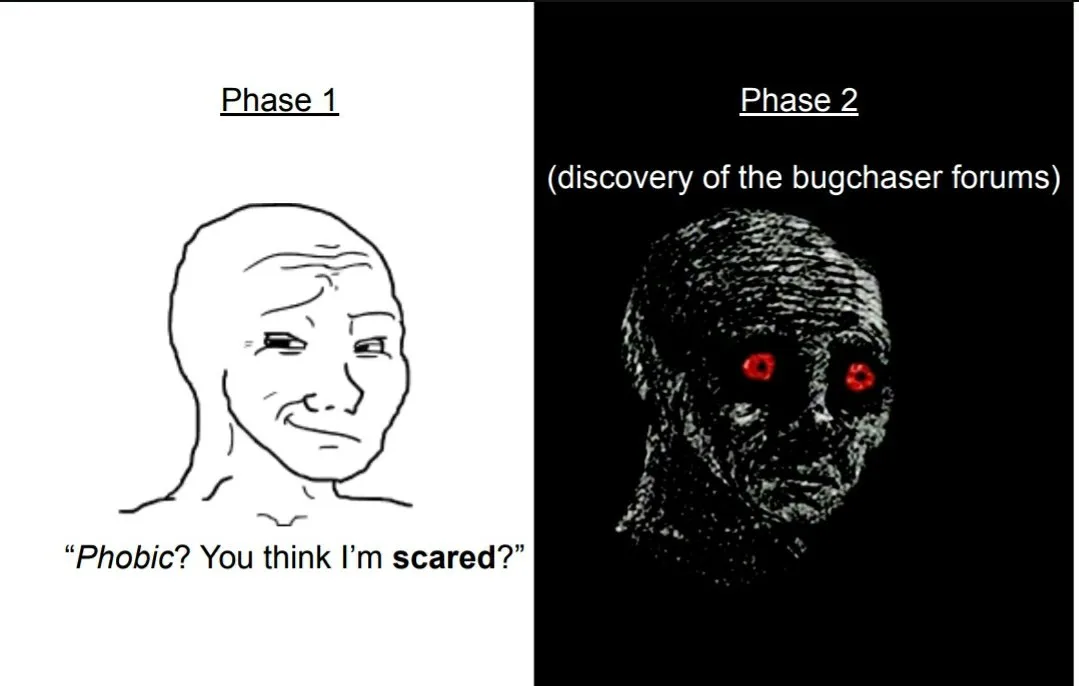 The image is split into two panels. Left: a simple line drawing of a smug, confident face with the text 'Phase 1' and…