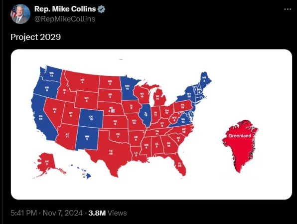A screenshot of a tweet from Rep. Mike Collins showing a map of the United States with most states colored red and a few…