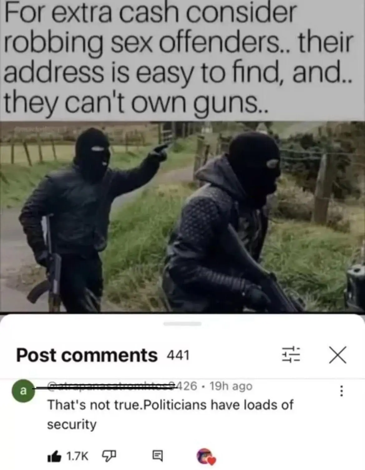Two masked armed men are shown in a rural setting, one pointing a gun at the other. The overlaid text suggests robbing sex…