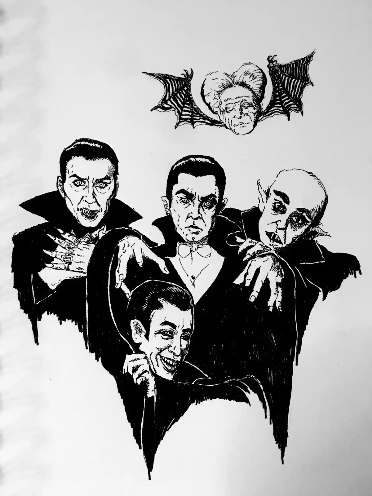 A black-and-white ink drawing shows four vampire-like figures in formal attire with sharp teeth and clawed hands. One figure…
