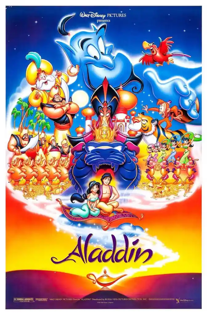 This is the official movie poster for Disney's 1992 animated film 'Aladdin', featuring the main characters: Aladdin and…