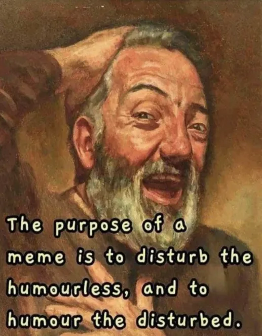 An oil painting depicts an elderly man with a white beard, laughing heartily while holding his head with one hand. Overlaid…