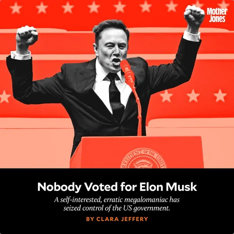 A black-and-white photo of Elon Musk standing at a red podium with his fists raised, set against a red background with white…