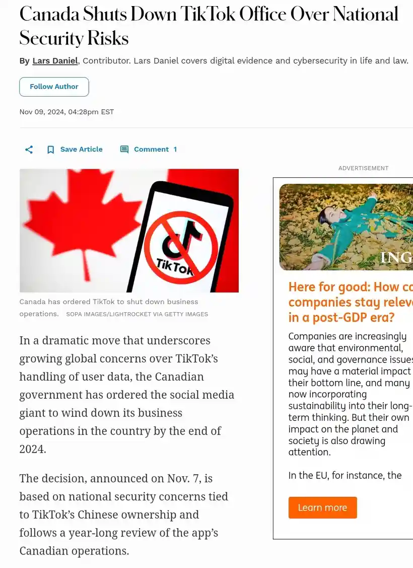 A screenshot of a news article with the headline 'Canada Shuts Down TikTok Office Over National Security Risks' shows a…