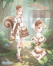 A digital illustration of a young girl with a large squirrel tail, wearing a detailed brown and white autumn-themed outfit…