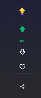 A dark-themed interface shows a vertical voting bar with a green up arrow, the number 69 below it, a down arrow, and a heart…