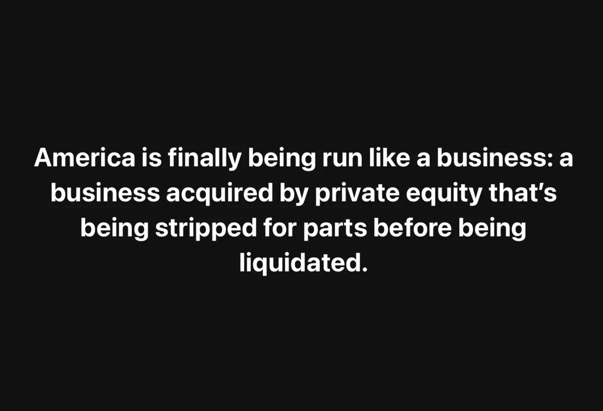 The image is a solid black background with white text centered in the middle. The text reads: 'America is finally being run…