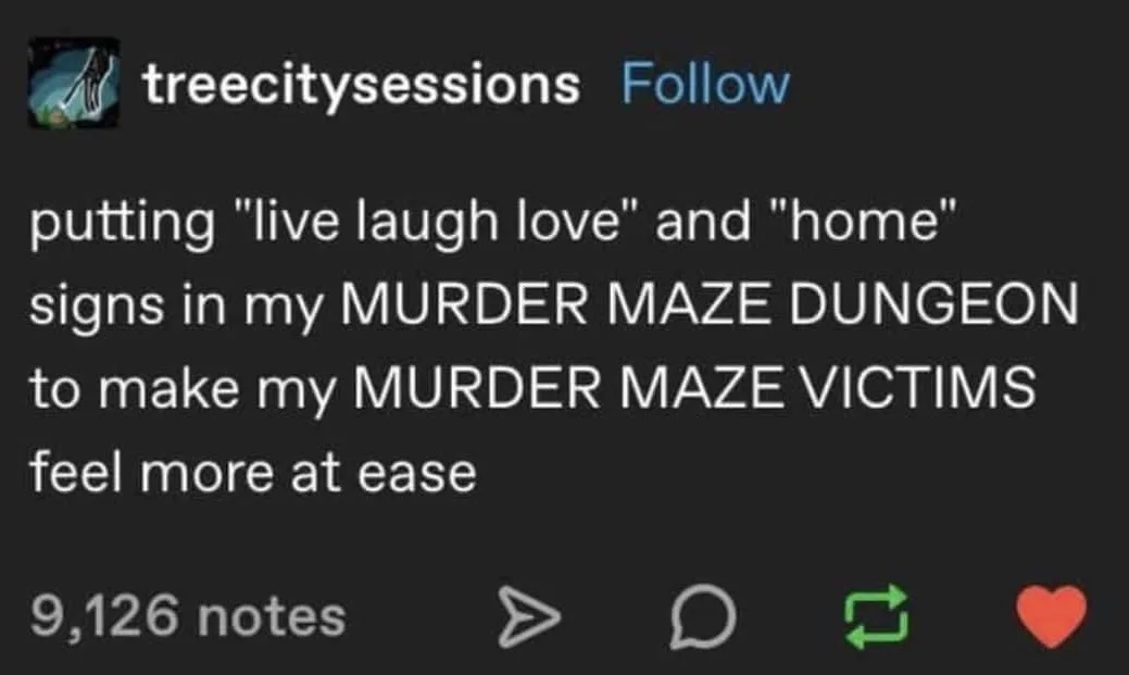 A screenshot of a social media post from 'treecitysessions' showing white text on a dark background. The text humorously…