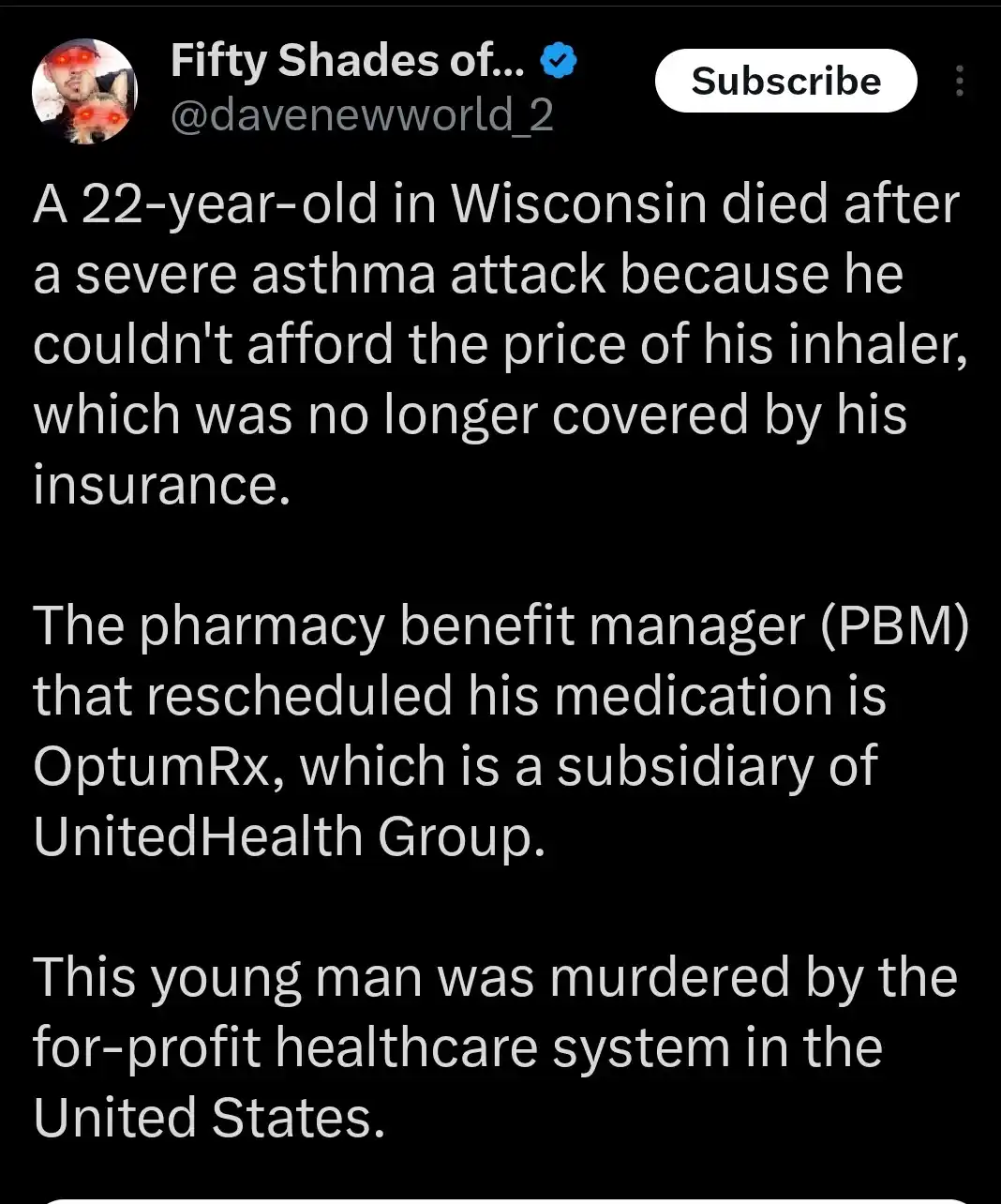 A screenshot of a YouTube video description with white text on a black background. The text details the death of a…
