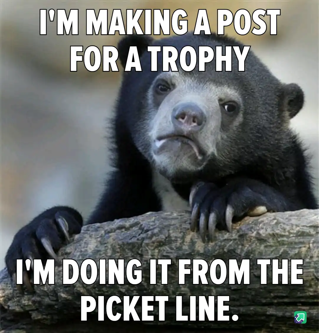 A close-up photo of a sad-looking spectacled bear resting its paws on a log, with white bold text overlaid in two sections…
