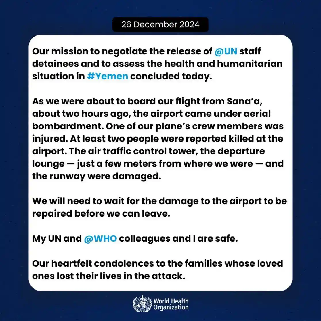 A screenshot of a World Health Organization social media post dated 26 December 2024, detailing how their mission in Yemen…