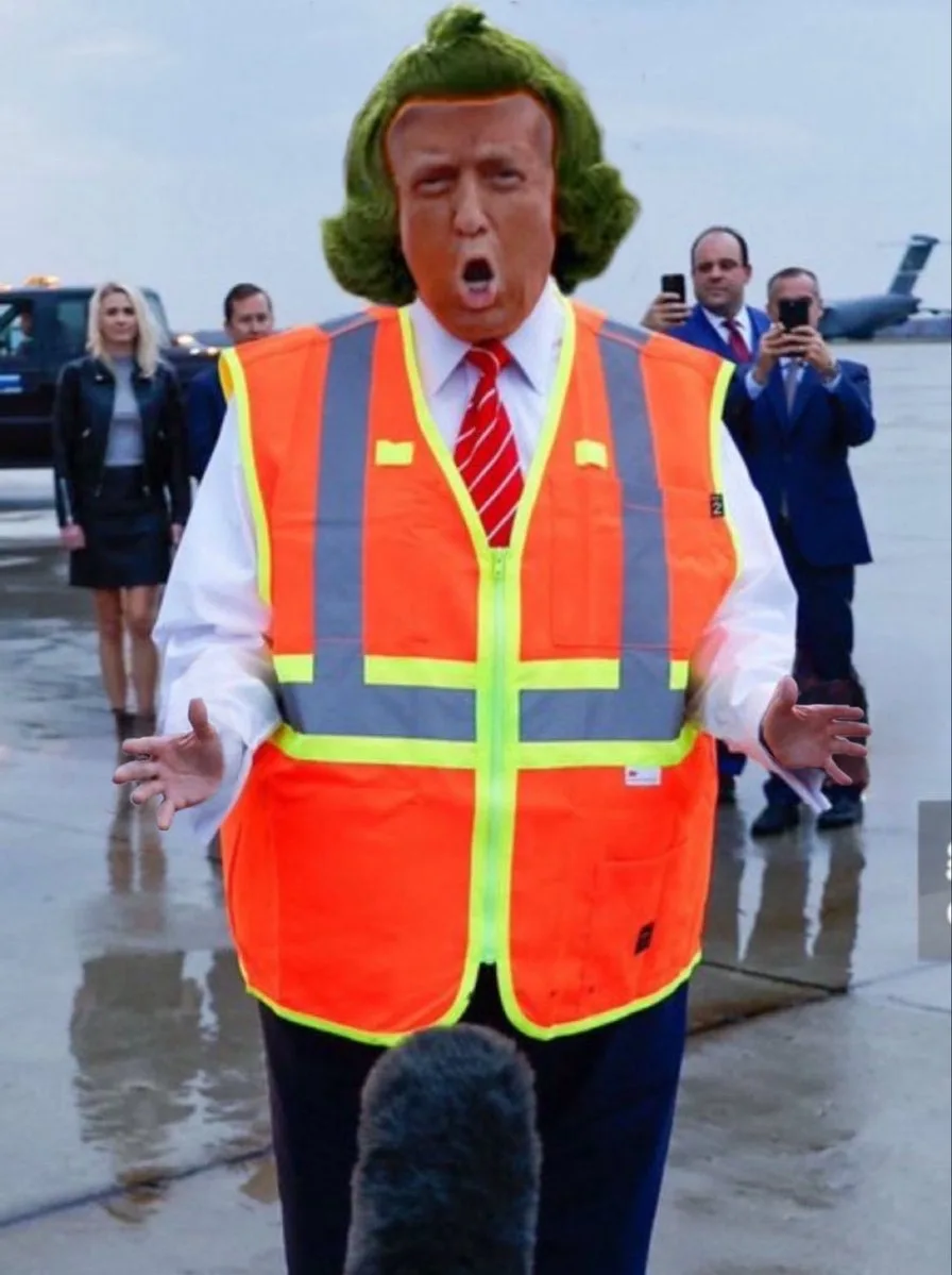 A person wearing a bright orange construction vest over a white shirt and red tie, with a digitally superimposed image of…