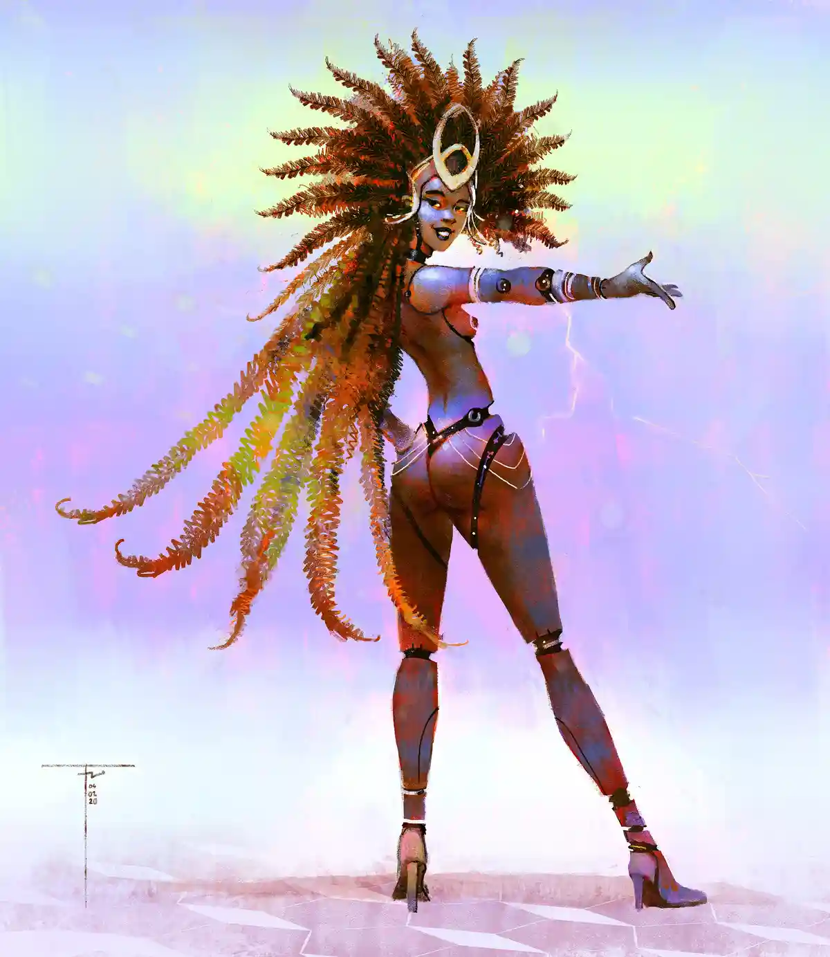 A stylized digital illustration of a woman with a large, elaborate headdress made of fern fronds, wearing a revealing outfit…