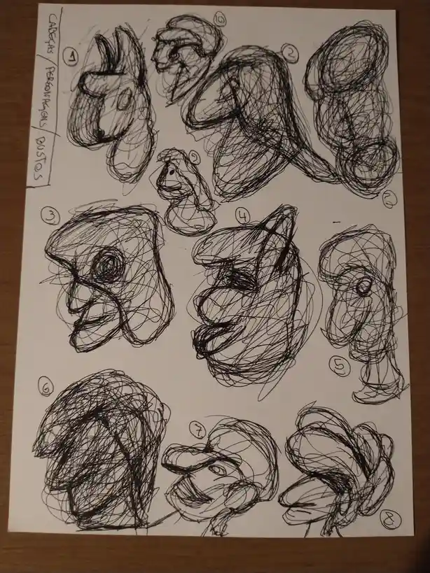 A hand-drawn sheet of eight messy, scribbled character busts labeled 1 through 8, with the handwritten title 'CABECAS /…