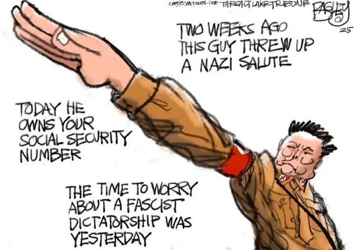 A cartoon depicts a man in a brown jacket and red armband, raising his right arm in a Nazi salute. Text overlaid on the…