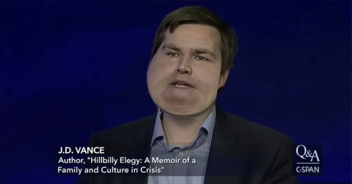 A still image of J.D. Vance from a C-SPAN Q&A, digitally altered to show his face stretched vertically and distorted…