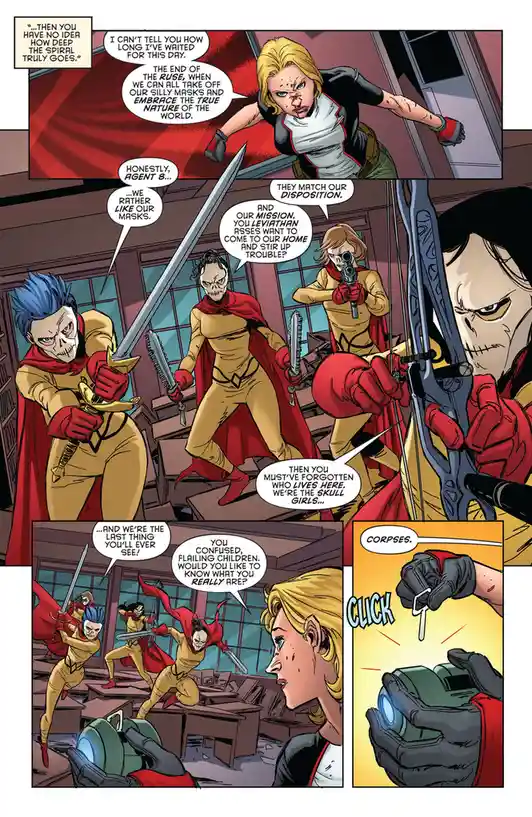 A comic panel shows a blonde woman confronting masked, skull-faced villains in yellow and red outfits. The villains boast…