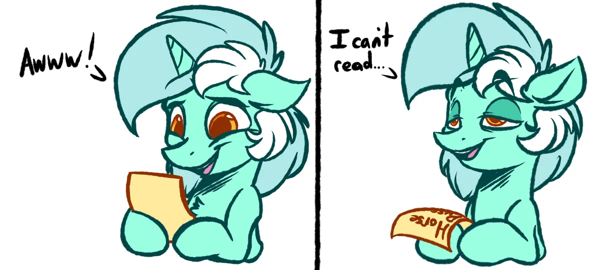 A two-panel comic shows a teal pony with white mane and orange eyes. In the first panel, it happily exclaims 'Awww!' while…