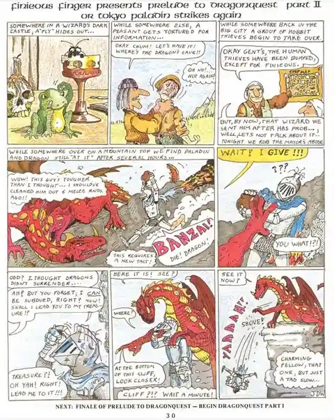 A comic strip page from 'Dragonquest' shows multiple panels: a wizard's cake is guarded by a green dragon; peasants are…